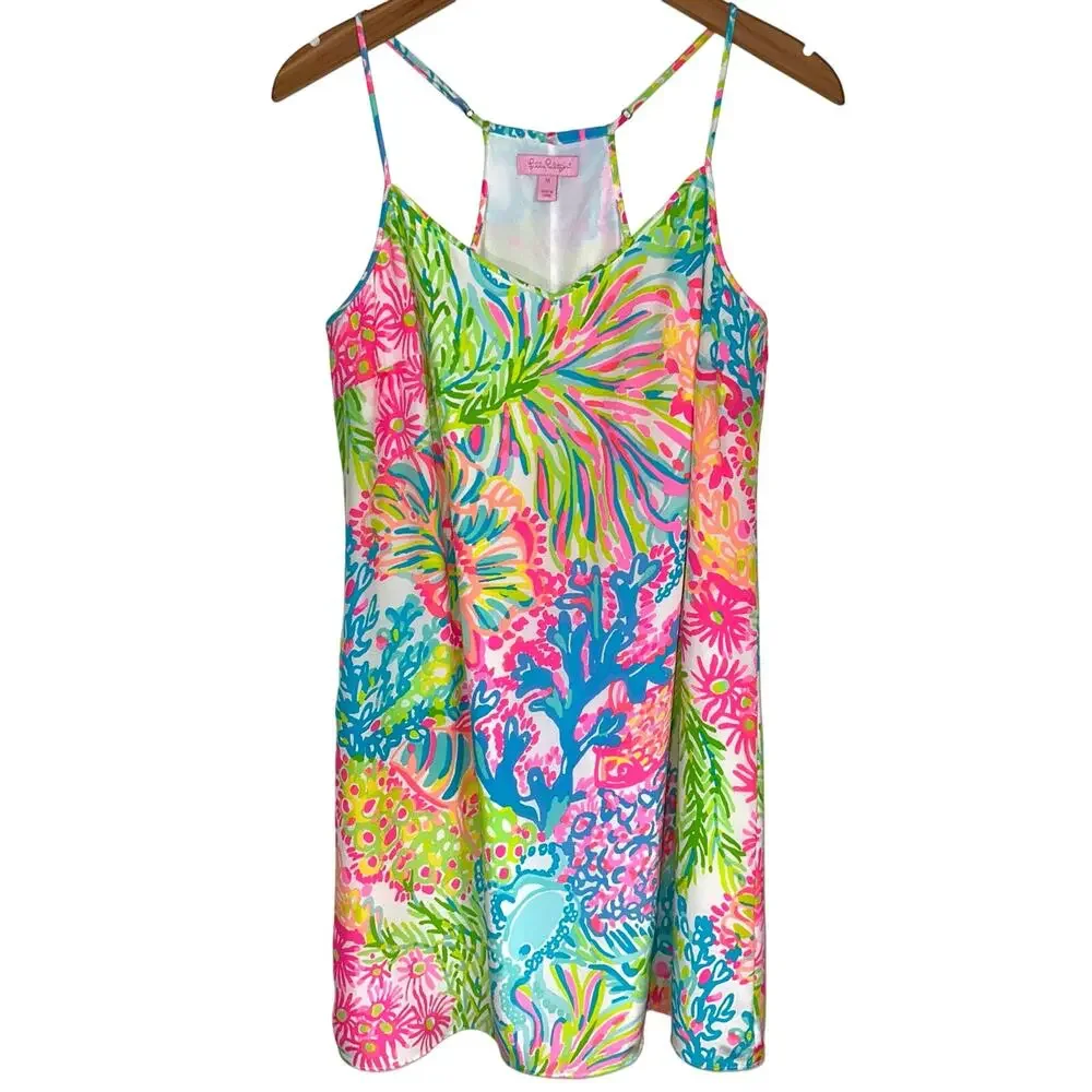 Lilly Pulitzer Dusk Colorful Neon ‘Lovers Coral’ Silk Mini Slip Dress Size M